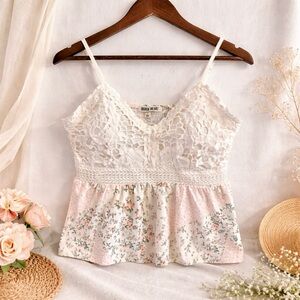 Derek Heart Crochet Lace Floral Peplum Cami Boho Cottagecore Tank Top Size L